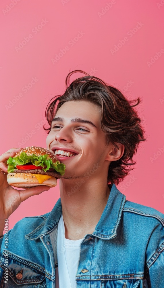 Young boy enjoying a tasty burger against soft colored backdrop with room for text Young boy enjoying a tasty burger against soft colored backdrop with room for text