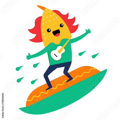  Surfing Salsa Shredder: Taco Rockstar Rides Wave of Flavor with Electric Guitar on T-Shirt Graphic