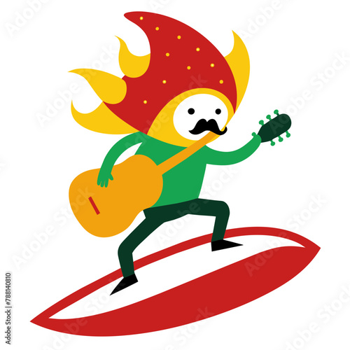  Surfing Salsa Shredder: Taco Rockstar Rides Wave of Flavor with Electric Guitar on T-Shirt Graphic