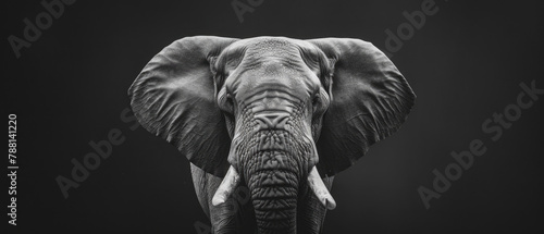 an african elephant animal with tusks seen from the front isolated on a dark background created with Generative AI Technology