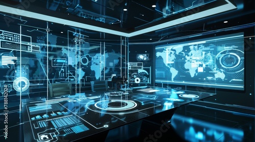 Futuristic control room with holographic displays and world map, advanced technology concept