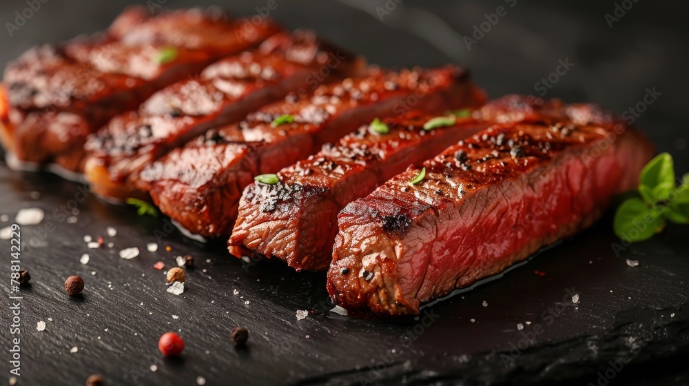 A close up of a steak on top of some black slate, AI A close up of a steak on top of some black slate, AI
