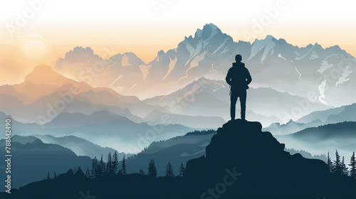 Hiker men in silhouette on hilltop at dawn, adventure in nature concept, banner, copy space