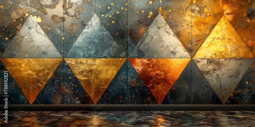 An abstract composition of geometric shapes in gold and silver, with stars painted on the surface, against a patterned wall covered in diamond-shaped tiles.