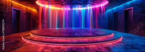 A circular stage with LED lights is in the center of an empty room with an open door on one side and a wall with black walls behind it. photo