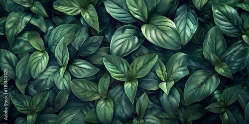 A top view of a green leaves background presents a texture of dark green tropical foliage.