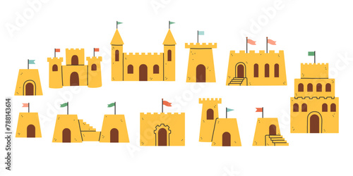 Set of sand castles in flat style. Vector illustration of fun in the sand, building construction on white background.