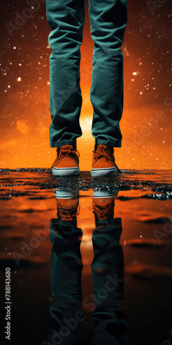 Man Wearing Sneakers by Water Reflecting Sunset Sky