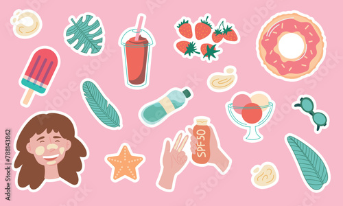 Cute summer stickers for planner  fruits and drinks  exotic leaves and flowers. Beach party elements  bikini  sandcastle  tropical vacation doodles  summertime sticker set