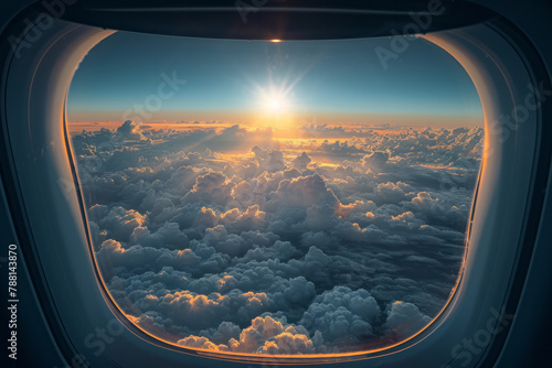 A scene from an airplane window showing a solar eclipse above the clouds, offering a unique perspect photo