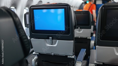 Modern airplane seat with individual monitor with blank blue display.