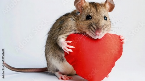 Mouse holding a heart shaped cushion isolated on white.