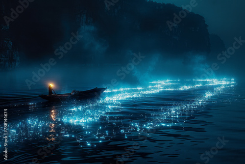 A scene where a fisherms boat leaves a glowing trail in the dark water, turning an ordinary nig photo