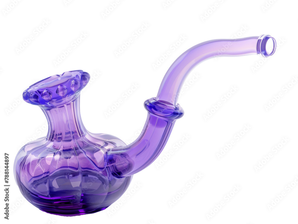 A decorative purple glass water pipe displayed on a white background highlighting its unique design and craftsmanship A decorative purple glass water pipe displayed on a white background highlighting its unique design and craftsmanship