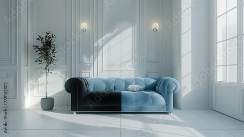 A blue and black sofa in the center of a room with all white walls. Generative AI. photo