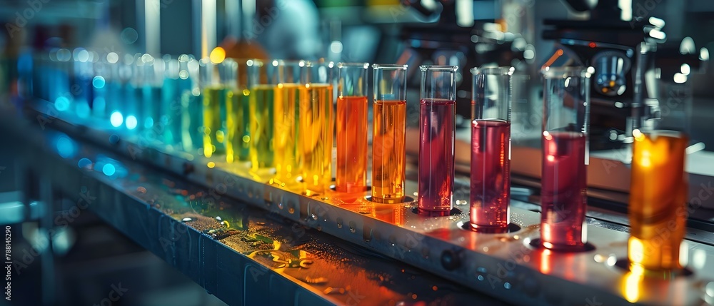 Laboratory Symphony: Test Tubes and Instruments in Hue. Concept Science Experiments, Lab Equipment, Colorful Chemicals, Technology Innovation, Research Environment