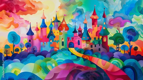 Abstract vibrant castle landscape bright colors