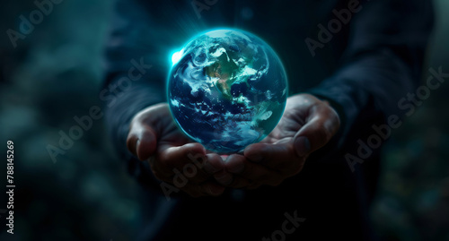 World, hologram or businessman hands with global networking, connection or cloud computing. Global, innovation and entrepreneur with palm plant for universe, change or abstract digital transformation