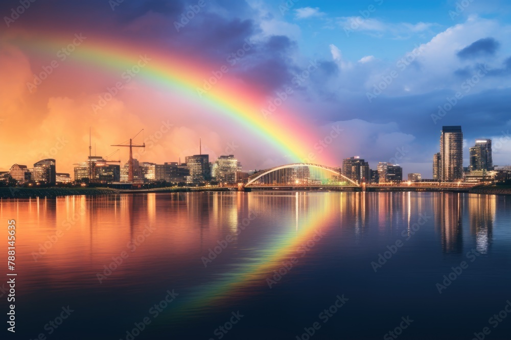 Vibrant Rainbow Over City Skyline at Dusk