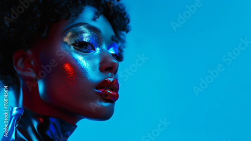 A futuristic dark skin  fashionista captivates with a blue eyeshadow aesthetic, metallic blue hues, blue beauty