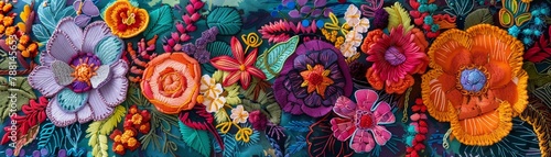 Embroidered flowers vivid textile art
