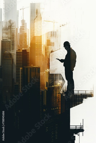 Engineer silhouette with cityscape