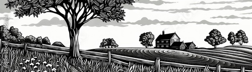 Farm scene woodcut style