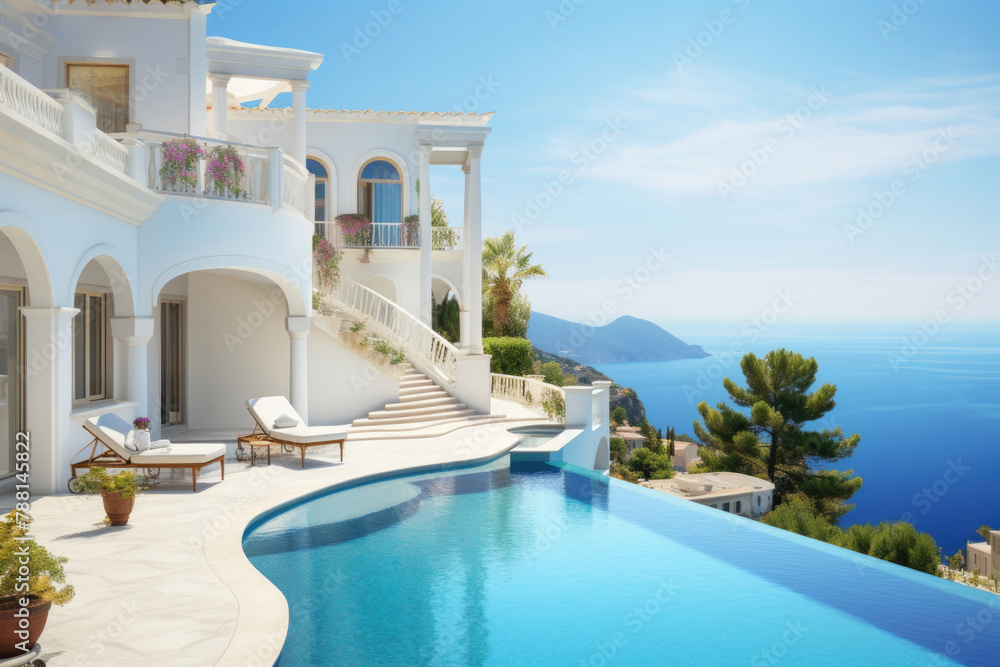 Obraz premium Luxurious Seaside Villa with Infinity Pool Overlooking the Ocean