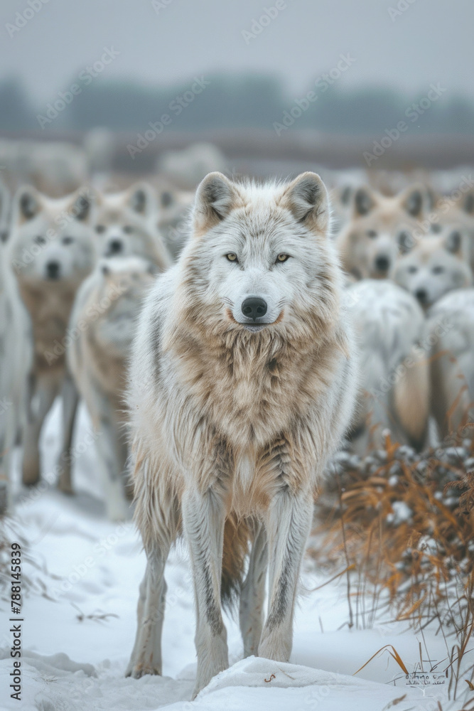 Obraz premium An image capturing the moment an Arctic wolf leads its pack across a vast, snowy landscape in pursui