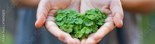 Heart-shaped clover in hands close-up