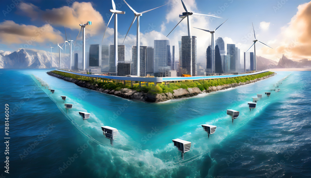Underwater Cities Powered by Ocean Energy. Generative AI.