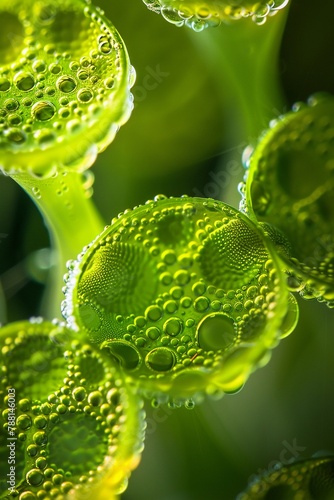 Microscopic view of green plant cells bubble patterns photo