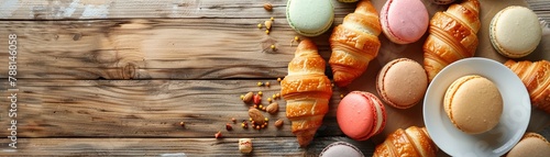 Overhead of buttery croissants assorted macarons photo