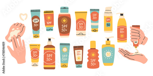 Set of sunscreen products isolated. SPF protection and sun safety concept. SPF summer products lotion, cream, spray.  photo