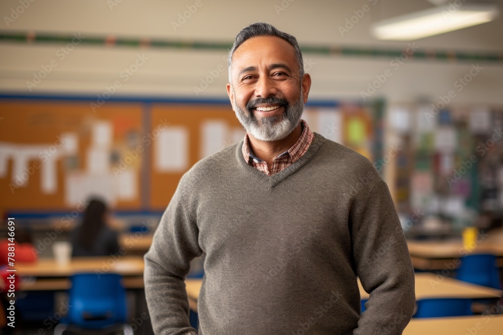 Obraz premium Portrait of a joyful indian man in his 50s wearing a cozy sweater in lively classroom background