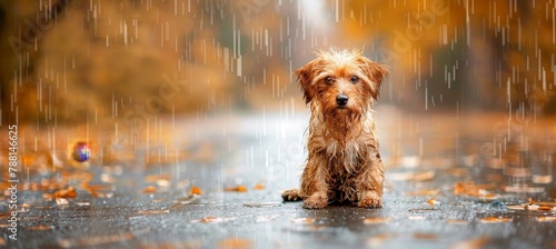 Lonely stray dog abandoned, hungry, lost in rain drenched street, seeking shelter and care