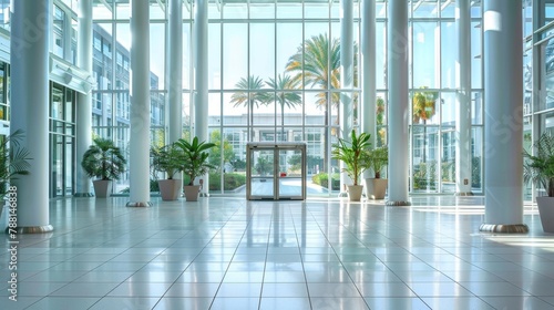 Innovative design meets natural beauty in this expansive space  characterized by soaring columns  expansive glass fa  ades  and vibrant foliage  epitomizing modern elegance. 