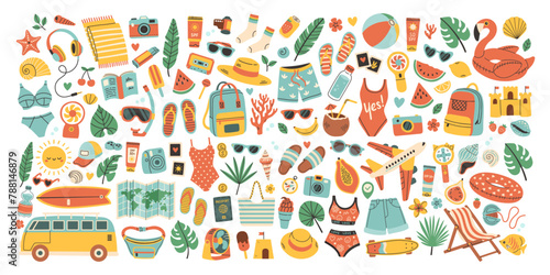 Summer big set for sticker. Icons, signs, banners. Bright summertime poster. Collection elements for summer holiday.
