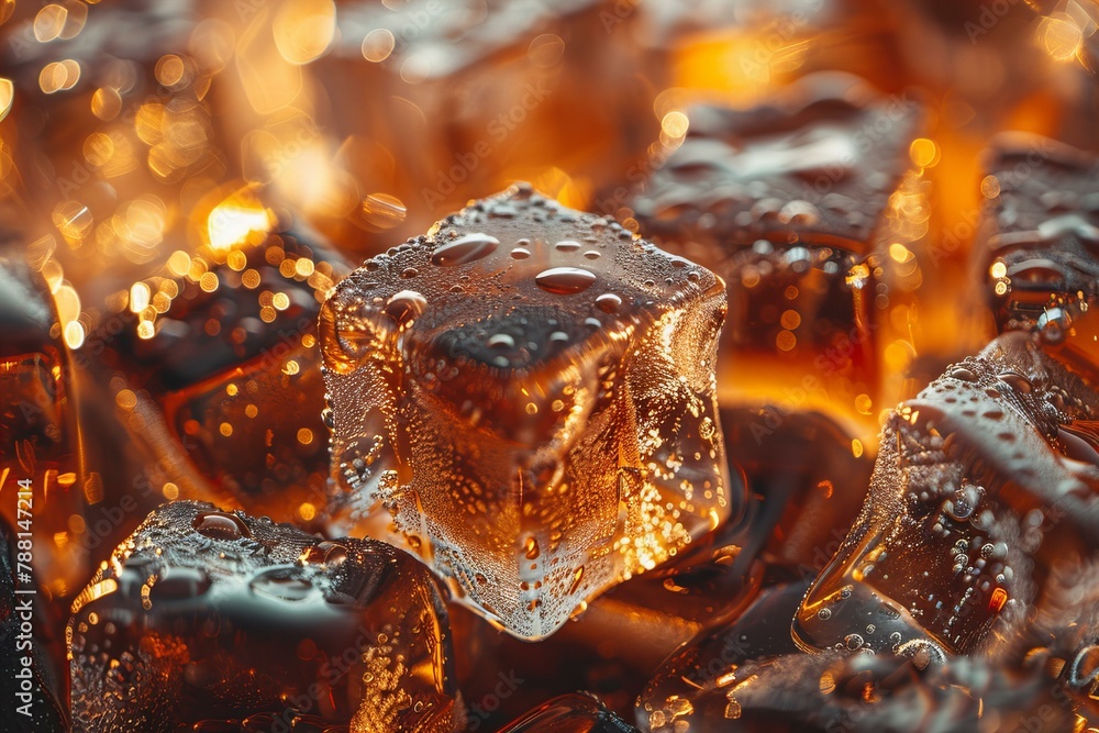 Ice cube on brown background, soda ice liquid Ice cube on brown background, soda ice liquid