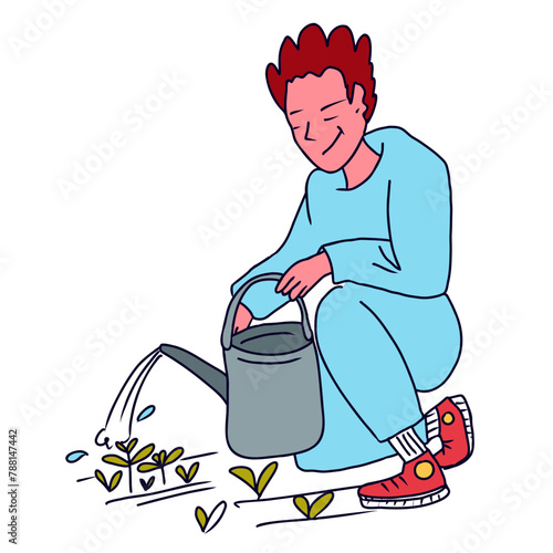 Guy waters spring seedlings in the garden with water from a watering can. Hand drawn vector illustration.