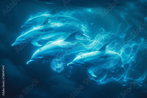An image showing a group of dolphins swimming  their paths illuminated by the bioluminescent organis