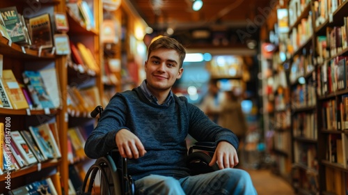 Smiling Man in Wheelchair at Bookstore