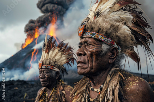 An image showing a group of indigenous people performing a ritual to appease the volcano, a traditio