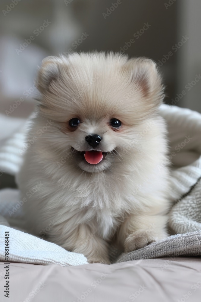 Fluffy pomeranian puppy poses cutely for the camera, showcasing its adorable and fluffy charm