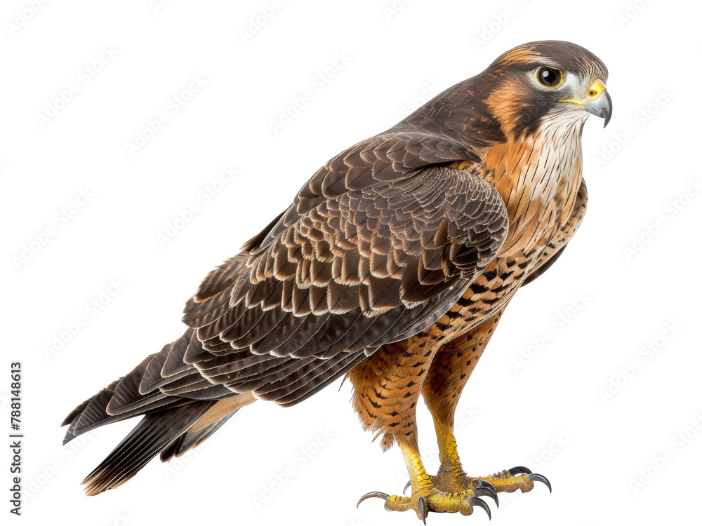 A majestic hawk stands proudly with its sharp talons ready, showcasing its beautifully patterned feathers and keen expression in a bright, natural light against a white background A majestic hawk stands proudly with its sharp talons ready, showcasing its beautifully patterned feathers and keen expression in a bright, natural light against a white background