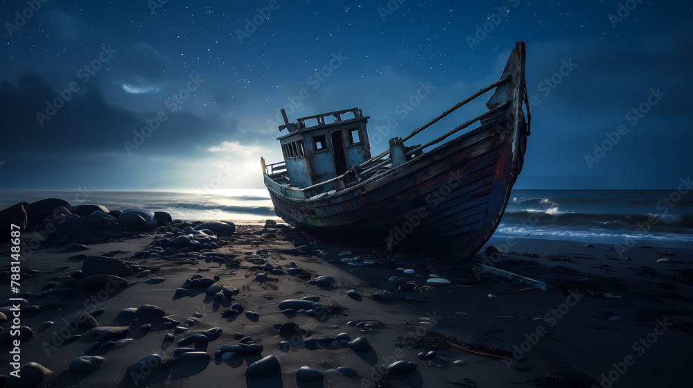 Abandoned sunken ship on the beach under starry night sky, shrouded in fog - obrazy, fototapety, plakaty 