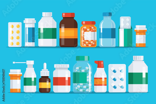 Group of Medicine bottles capsules vector illustration