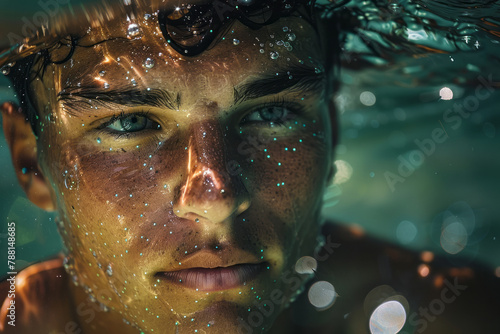 A photograph capturing the gentle glow of bioluminescent plankton on the skin of a swimmer, highligh