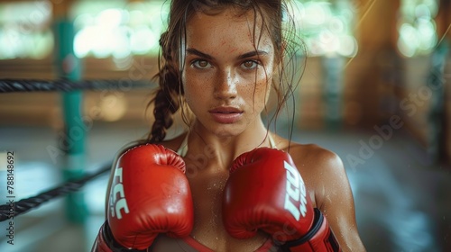 Female boxer with blue eyes and red gloves. Intense portrait shot with sweat detail © Julia Jones