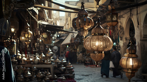 Old arabic bazaar shopping in outdoor market bronze lamp, Travel concept photo